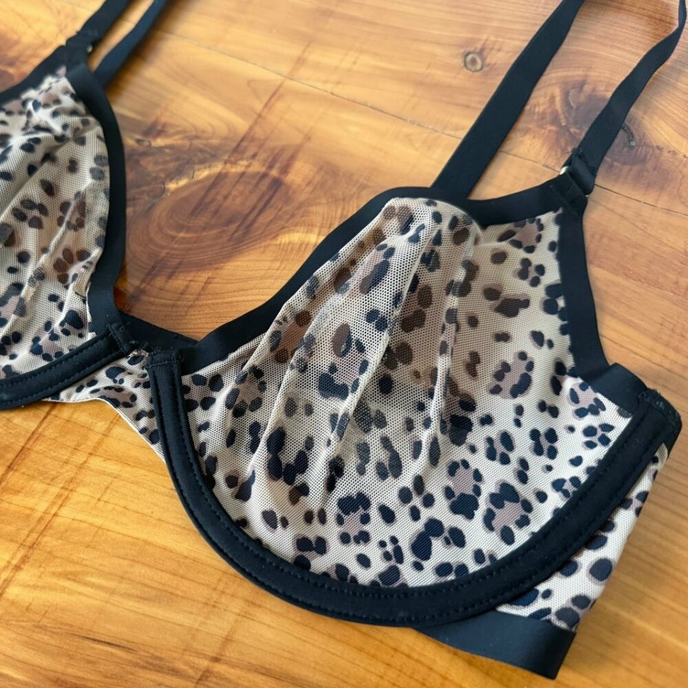 CUUP the Plunge Animal Print Contrast Black Trim Underwired Sheer Bra Size 30E. - Picture 3 of 7